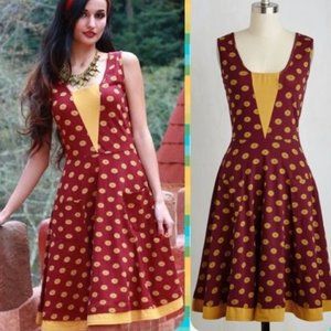 Modcloth Effie's Heart Sleeveless Burgundy/Mustard Button Print Dress 3x